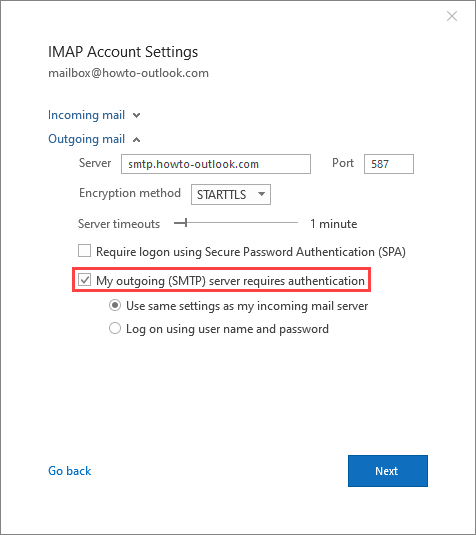Enable SMTP authentication for Outlook 2016, Outlook 2019 and Microsoft 365.