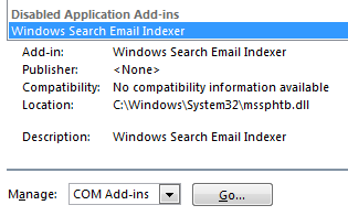 Windows Search Email Indexer is listed under the Disabled Application Add-ins section