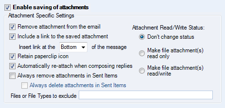 A small selection of the available options in the Attachment Save add-in.