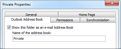 Outlook Address Book tab in the Properties dialog of a Contact folder.