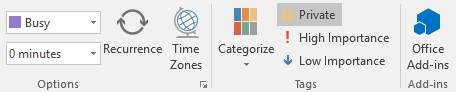 Private tag enabled for a Calendar appointment in Outlook 2016.
