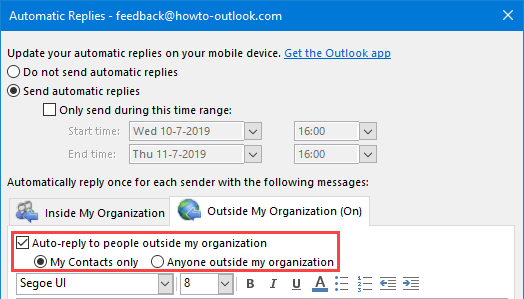 Automatic Replies for Contacts Outside My Organization