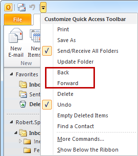 Select Back and Forward from the QAT in Outlook 2010