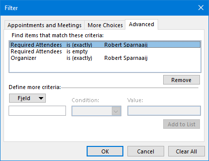 Conditional Formatting - The 3 filter criteria to find Appointment items and highlight them.