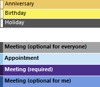 Conditional Formatting - Example to highlight Holidays, Birthday, Anniversaries, Meetings and Appointment all in a different color.