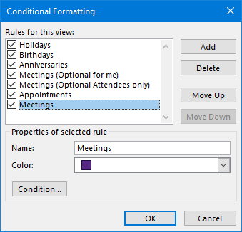 Conditional Formatting - Rules to highlight Holidays, Birthday, Anniversaries, Meetings and Appointment all in a different color.