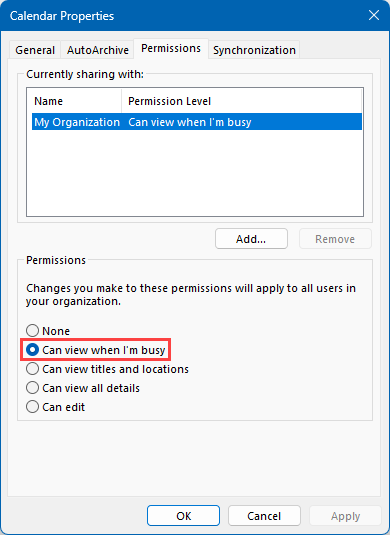 Calendar Permissions - My Organization - Can view when I’m busy