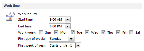 Working days and time options in Outlook 2010.