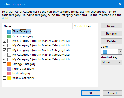 New Categories assigned to an foreign Outlook item are marked with "Not in Master Category List".