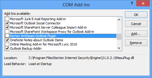 Com Add-Ins - Disable the Norton AntiSpam Outlook Plugin