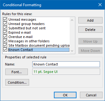 Highlight emails from known contacts with Conditional Formatting.