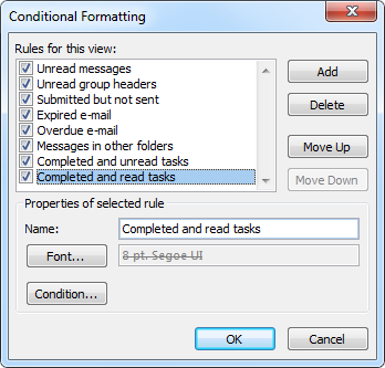 Conditional Formatting rules to treat completed mail items like tasks.
