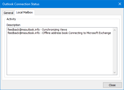 The Microsoft Exchange Connection Status reveals more about Outlook’s current synching process. Aside from reporting the synching other than folders, you’ll often also see here how the synching for a specific folder is progressing in percentages.