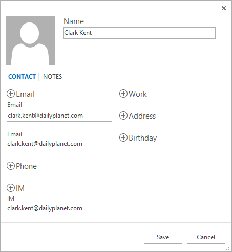 The Edit Contact dialog opened from a Contact Card.