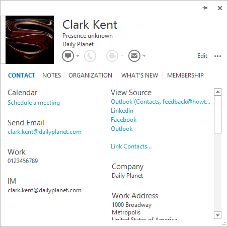 Contact Card - Outlook 2013 - Clark Kent