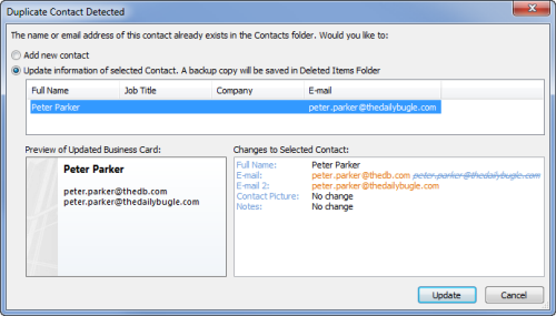 Duplicate contact detected - update information (click on image to enlarge)