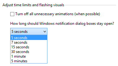 How long should Windows notification dialog boxes stay open?