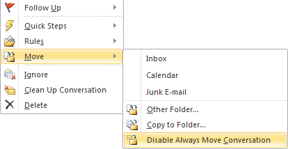 Disabling a conversation Move action can be done via the context menu