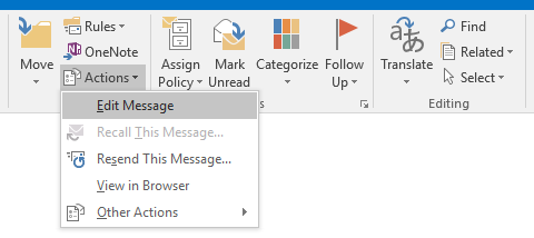 Edit Message command in Outlook 2016