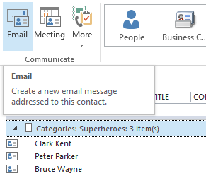 To email to a Contact Group createdin Outlook.com via Outlook, select a Category Group and then press Email.
