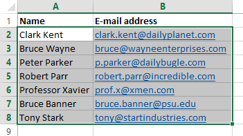 Select the names and addresses in Excel