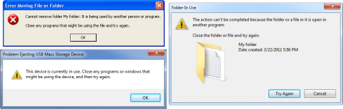 Various folder and drive in use errors in Windows (click on image to enlarge)