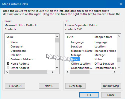 Export Contacts - Map Custom Fields dialog - Remove the Notes field