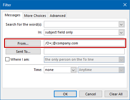 Search for both /O= and @company.com to find all internally sent emails.