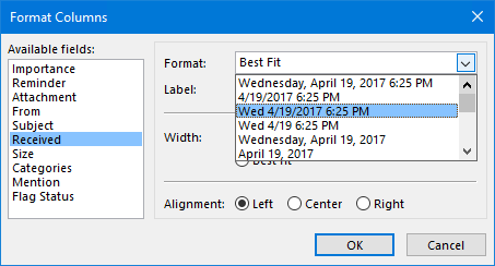 Customize the date format of the columns in Outlook
