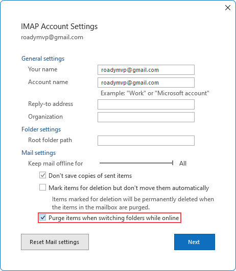 Set the option to automatically purge items for your IMAP Gmail account in Outlook 365, 2021, 2019, or 2016 (Retail).