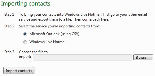Importing contacts from Outlook into Live Hotmail
