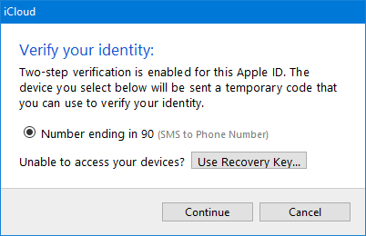 iCloud Control Panel Two-Step Verification prompt.