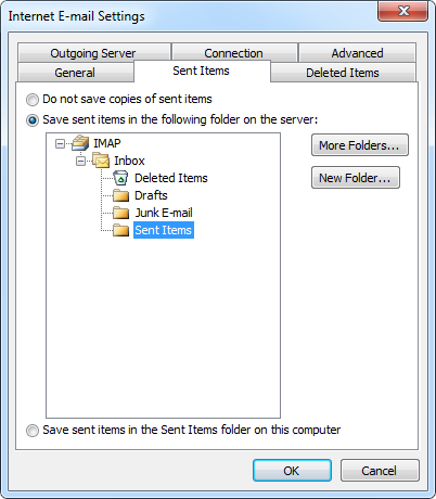 Selecting a Sent Items folder for an IMAP account in Outlook 2010.