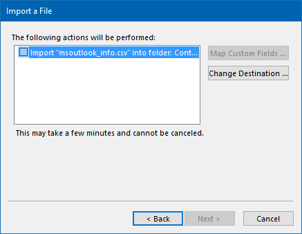 Import a File - CSV - The following actions will be performed - CSV not selected