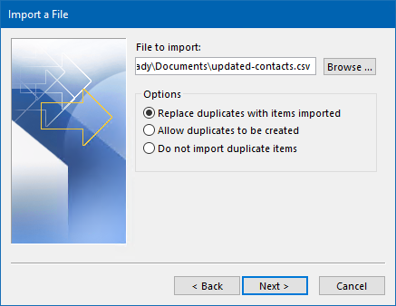 Upon importing your updated contacts, make sure you set the option to replace duplicates. Missing or non-modified fields won’t be affected.