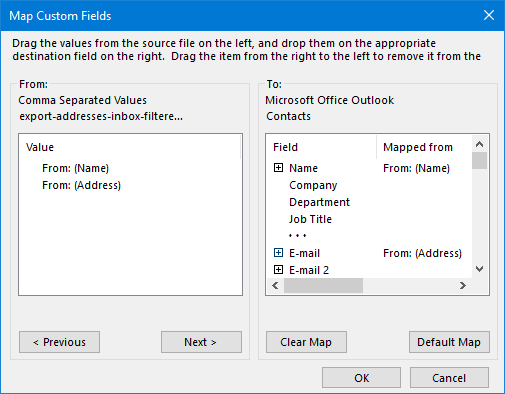 Map your fields from the CSV-file to the correct Contact fields in Outlook.