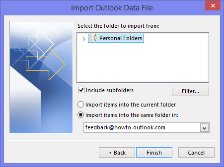Importing Personal Folders (pst-file) including subfolders into new account.