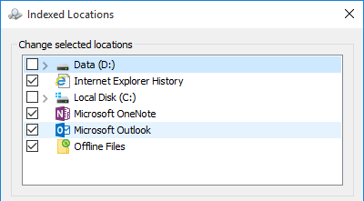 Outlook selected as an Indexed Location in Indexing Options.