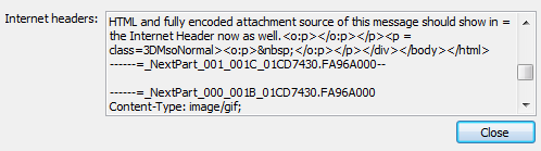 The “Internet headers” field showing the last part of the HTML part of the message source and the start of the attachment part.