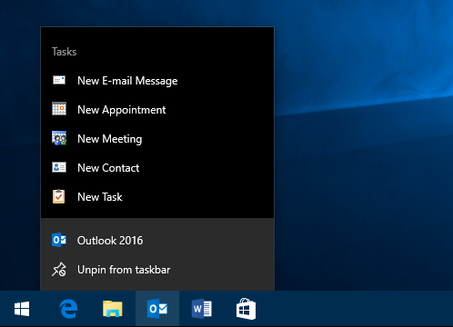 The Jump List Tasks for Outlook allow you to quickly create new items.