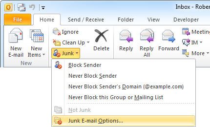 Location of the "Junk E-mail Options" dialog in Outlook 2010.