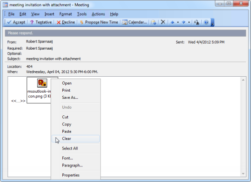 Removing an attachment from a meeting invite is directly available in Outlook 2003. (Click on image to enlarge)