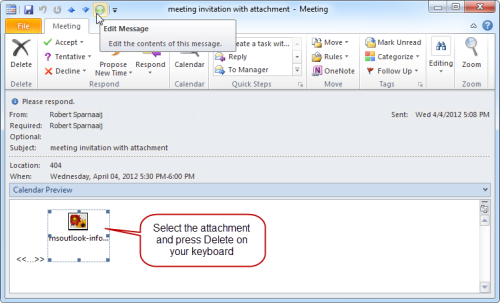 After adding the the “Edit Message” command to the QAT, removing an attachment from a meeting invite is possible again in Outlook 2010. (Click on image to enlarge)