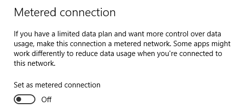 Metered Connection option for Wireless Networks in Windows 10.