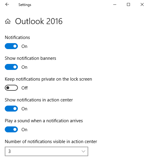 Default Notification Settings for Outlook 2016 on Windows 10.