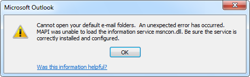Cannot open your default e-mail folders. An unexpected error has occured.