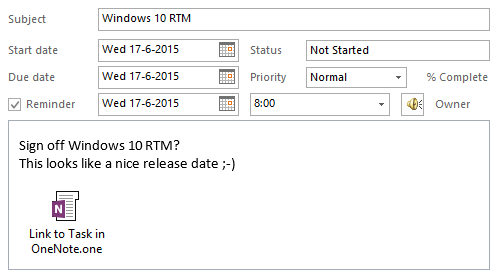 A Task item in Outlook with a reference back to the OneNote page where it was created.