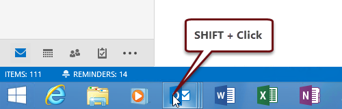 Hold SHIFT while clicking the Outlook icon to launch an extra window in Windows 7, Windows 8 or Windows 10