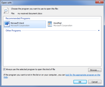The "Open with..." dialog gives you a clear dialog to change the default program for a specific file type. (click on image to enlarge)