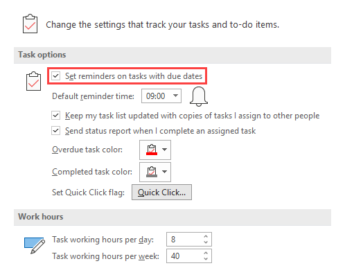 Task Options: Set reminders on tasks with due dates.